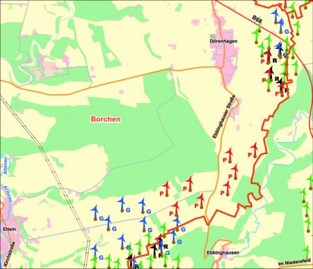 „G“ steht für „genehmigt“: Die blau gefärbten Anlagen oberhalb der Gemeindegrenze (orange eingefärbt) sind die sieben Ettelner Anlagen, die jetzt genehmigt wurden. Im oberen Teil der Karte sind die drei genehmigten Anlagen in Dörenhagen eingetragen